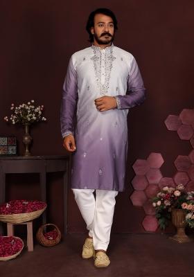 Lavender Embroidered Silk Kurta Pyjama For Men