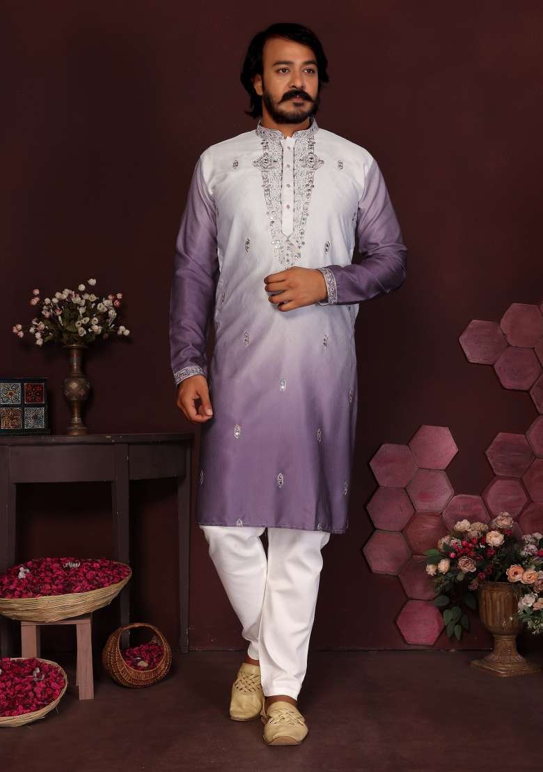 Lavender Embroidered Silk Blend Kurta Pyjama For Men - Indya