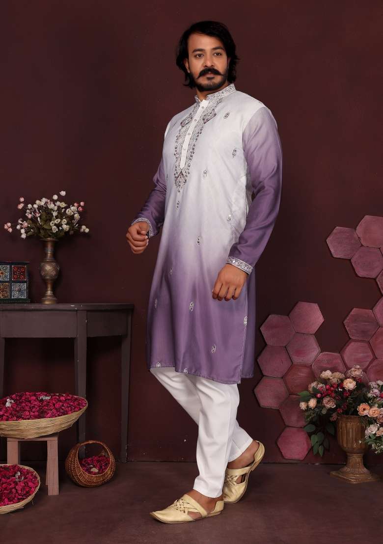 Lavender Embroidered Silk Blend Kurta Pyjama For Men - Indya