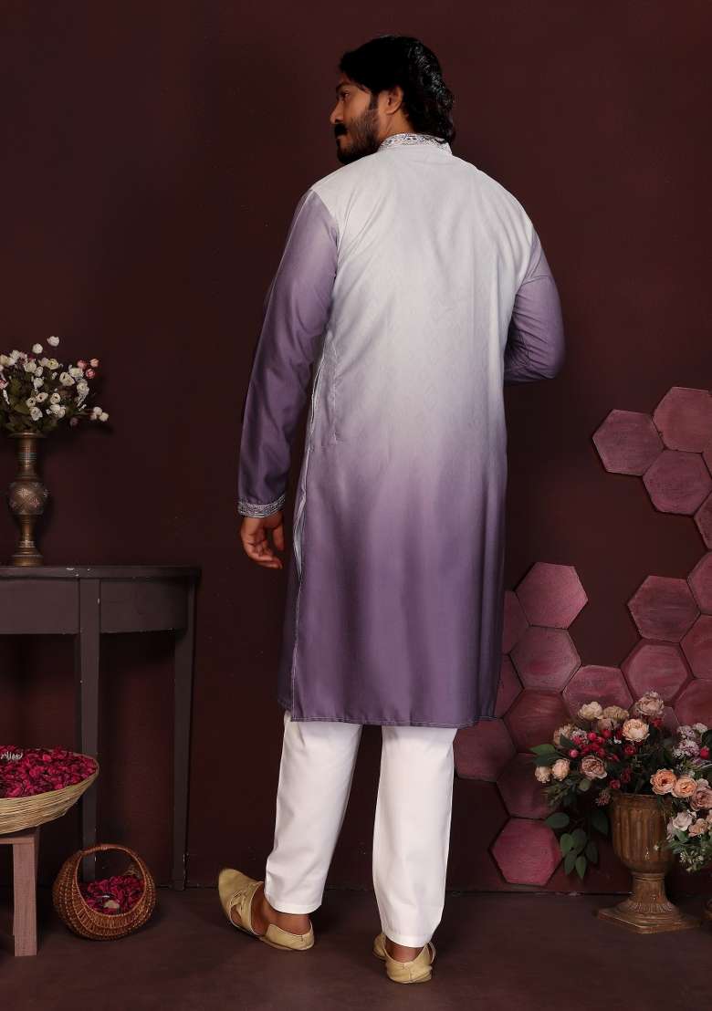 Lavender Embroidered Silk Blend Kurta Pyjama For Men - Indya