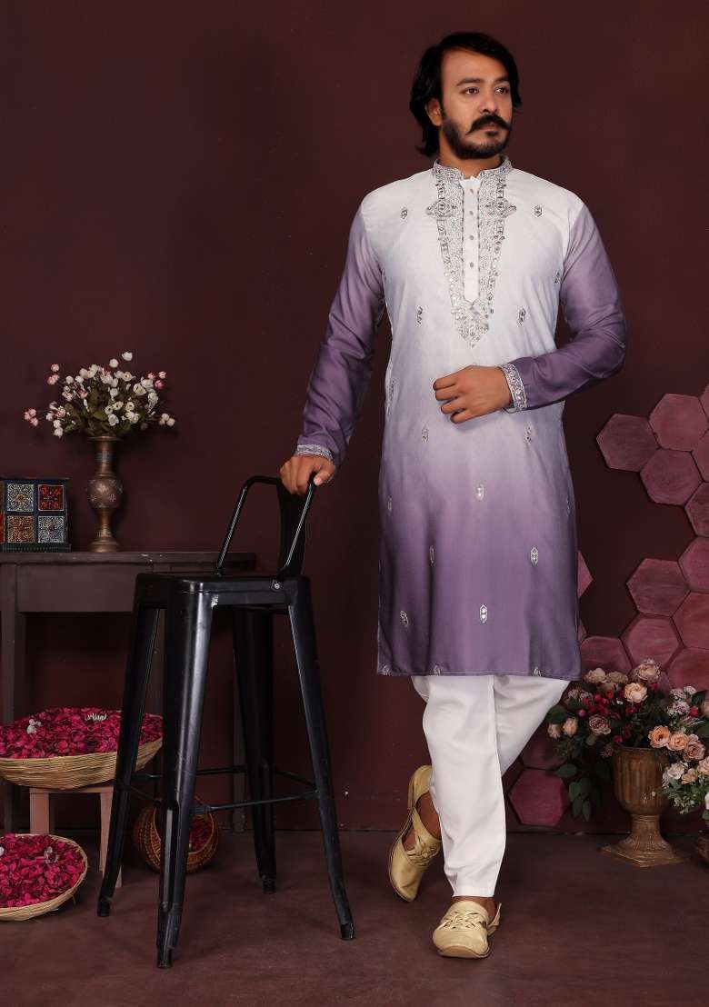 Lavender Embroidered Silk Blend Kurta Pyjama For Men - Indya