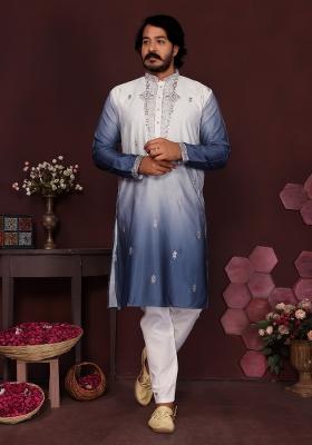 Blue Embroidered Silk Blend Kurta Pyjama For Men