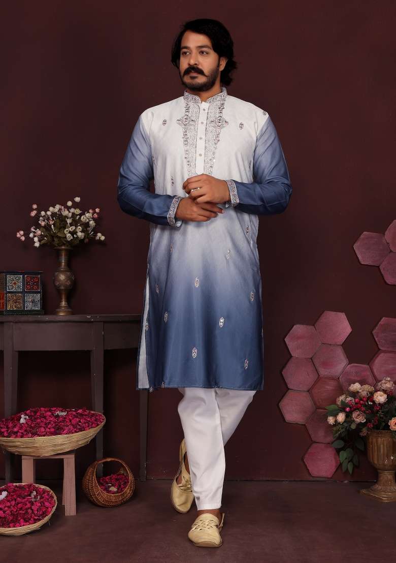 Blue Embroidered Silk Blend Kurta Pyjama For Men - Indya