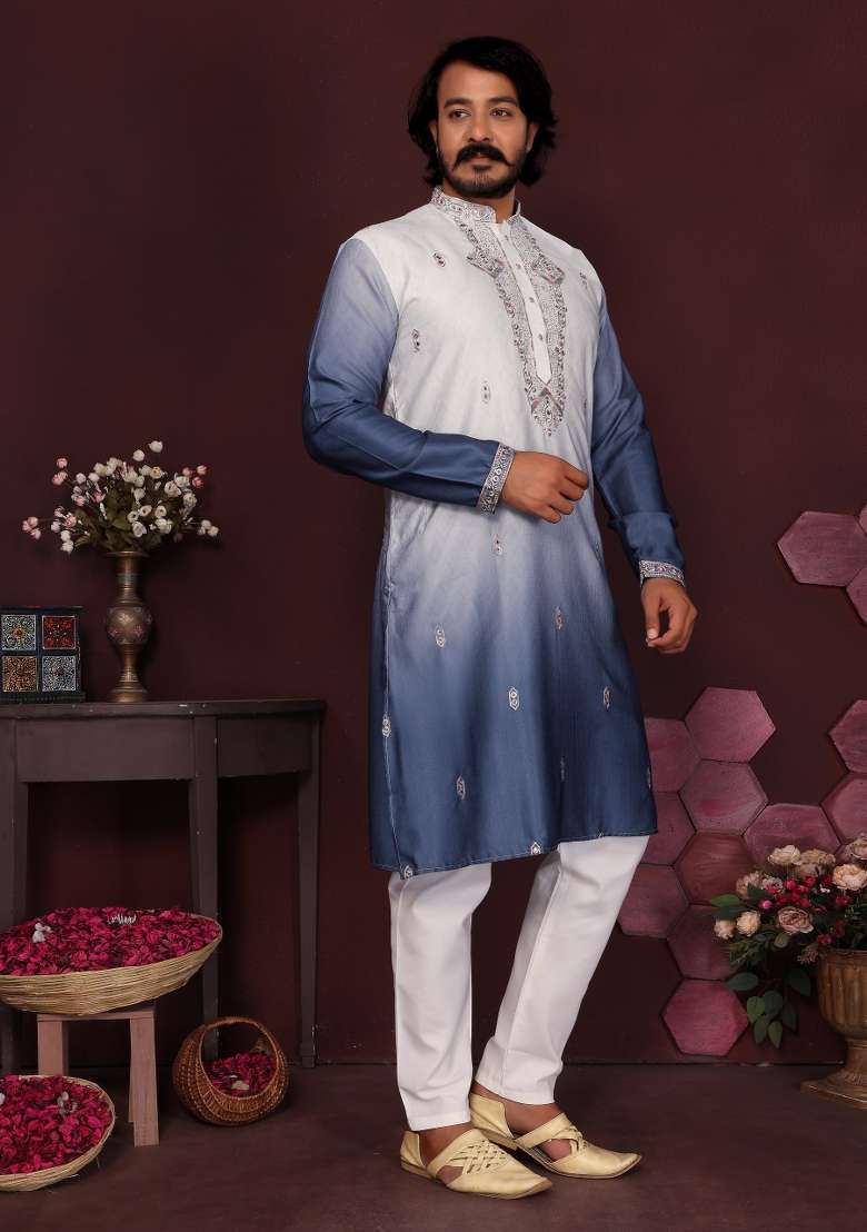 Blue Embroidered Silk Blend Kurta Pyjama For Men - Indya