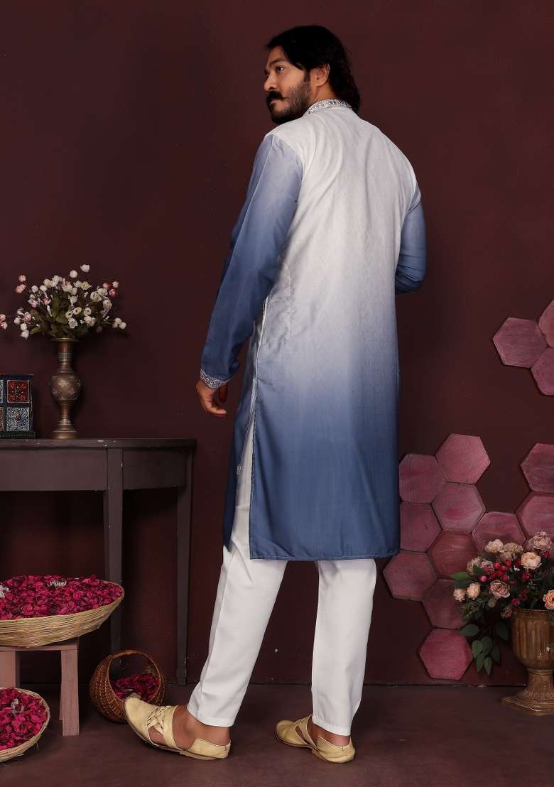 Blue Embroidered Silk Blend Kurta Pyjama For Men - Indya
