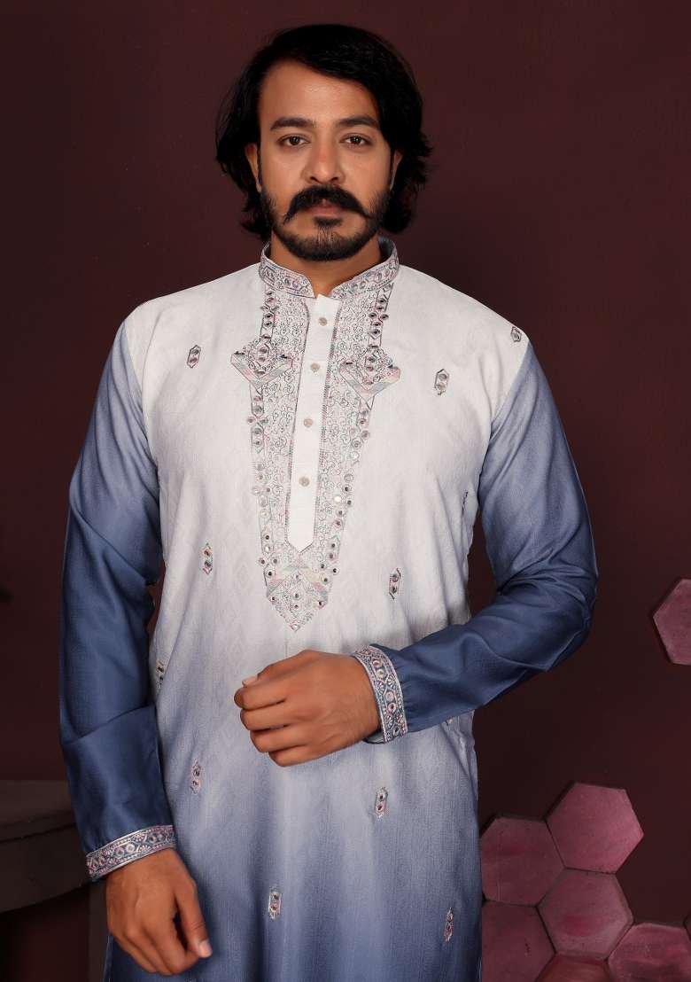 Blue Embroidered Silk Blend Kurta Pyjama For Men - Indya