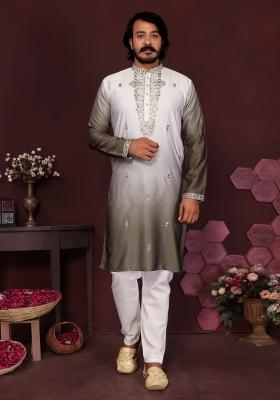 Green Embroidered Silk Kurta Pyjama For Men