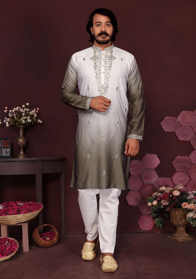 Green Embroidered Silk Blend Kurta Pyjama For Men - Indya