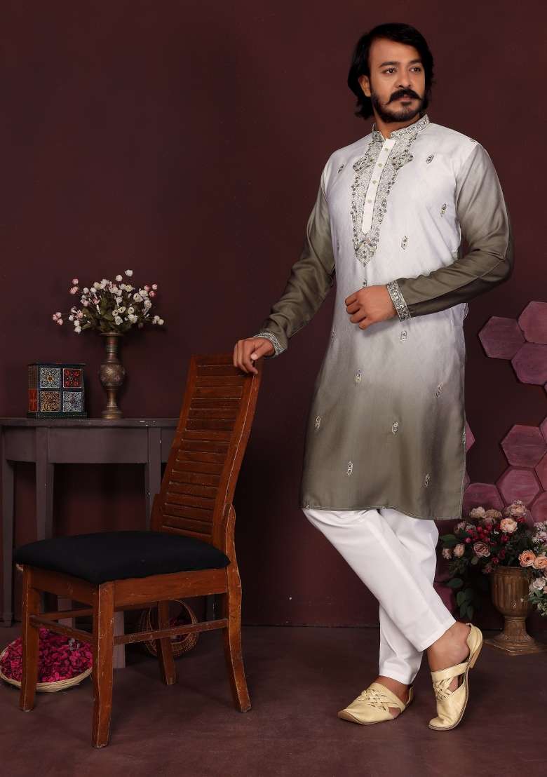 Green Embroidered Silk Blend Kurta Pyjama For Men - Indya