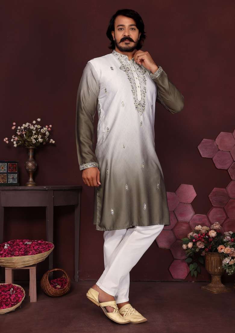 Green Embroidered Silk Blend Kurta Pyjama For Men - Indya