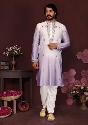 Purple Embroidered Silk Blend Kurta Pyjama For Men