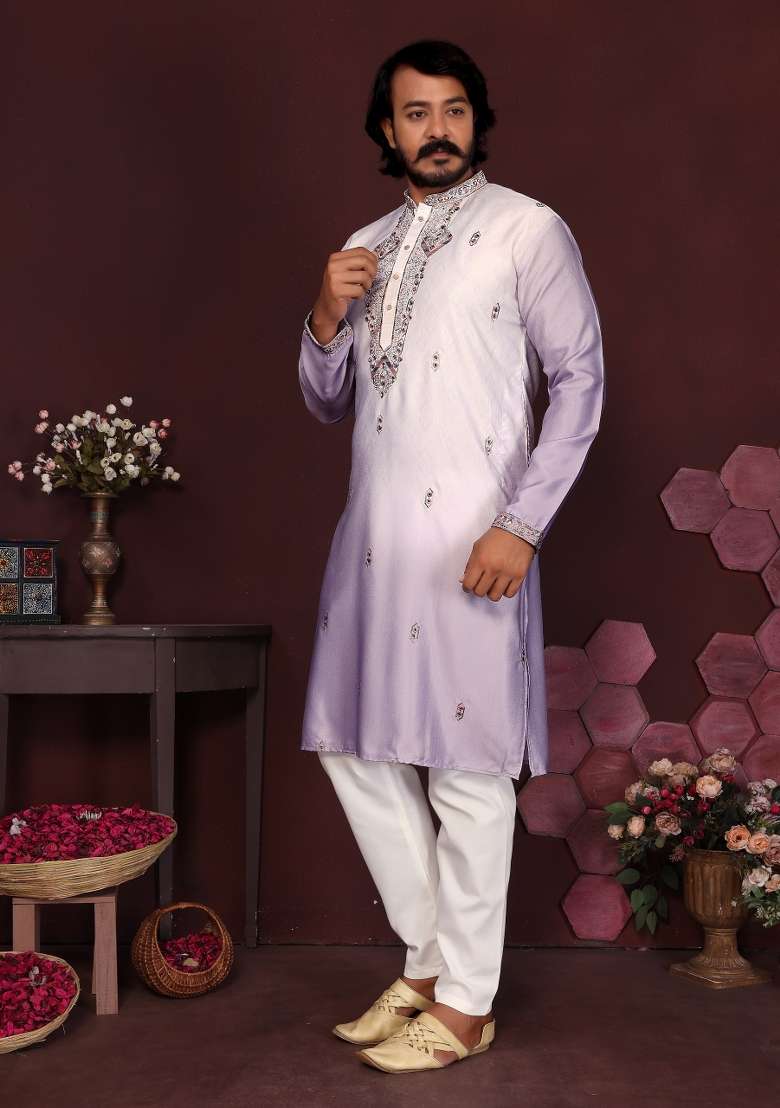 Purple Embroidered Silk Blend Kurta Pyjama For Men - Indya