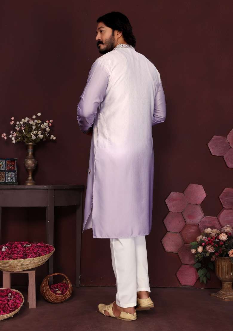 Purple Embroidered Silk Blend Kurta Pyjama For Men - Indya