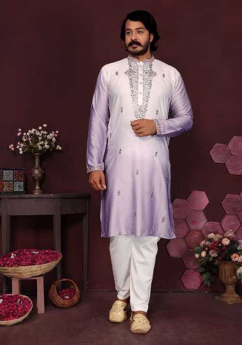 Purple Embroidered Silk Blend Kurta Pyjama For Men