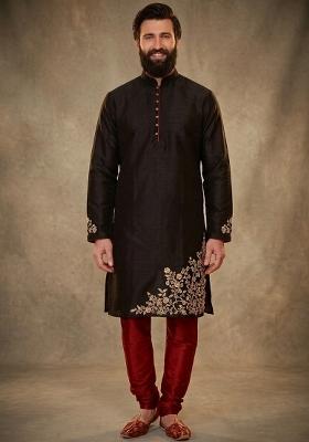 Black Embroidered Dupion Kurta Pyjama Set For Men