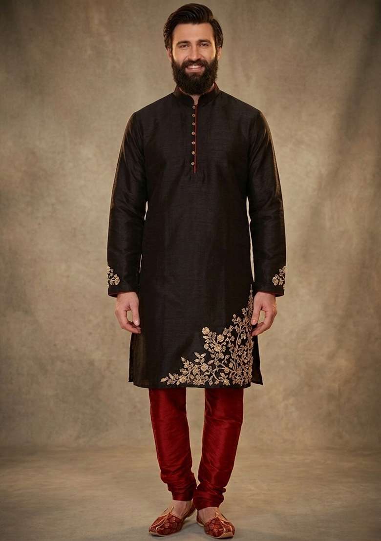 Black Embroidered Dupion Kurta Pyjama Set For Men - Indya
