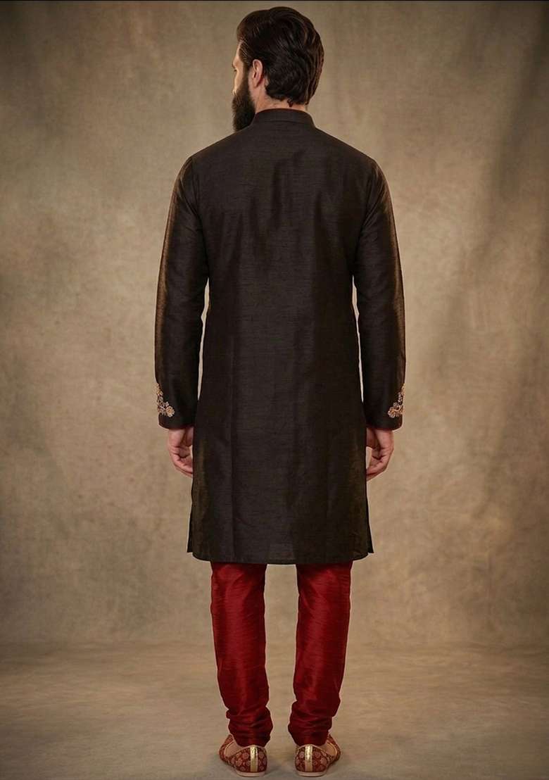 Black Embroidered Dupion Kurta Pyjama Set For Men - Indya