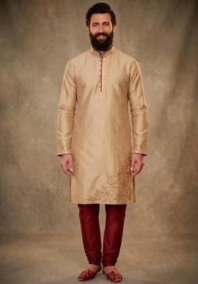Beige Embroidered Dupion Kurta Pyjama Set For Men