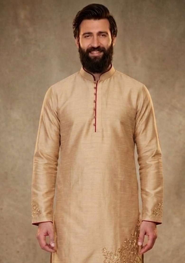 Beige Embroidered Dupion Kurta Pyjama Set For Men - Indya