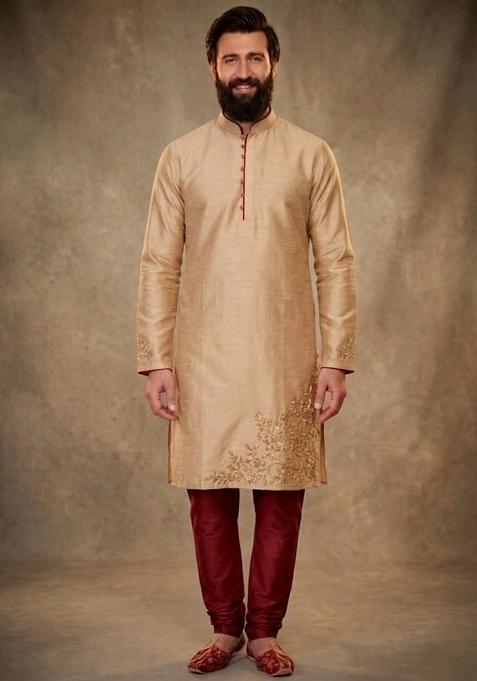 Beige Embroidered Dupion Kurta Pyjama Set For Men