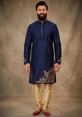 Blue Embroidered Dupion Kurta Pyjama Set For Men