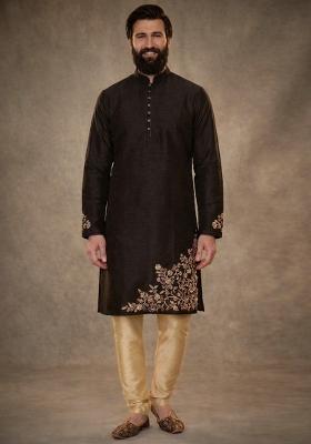 Black Embroidered Dupion Kurta Pyjama Set For Men