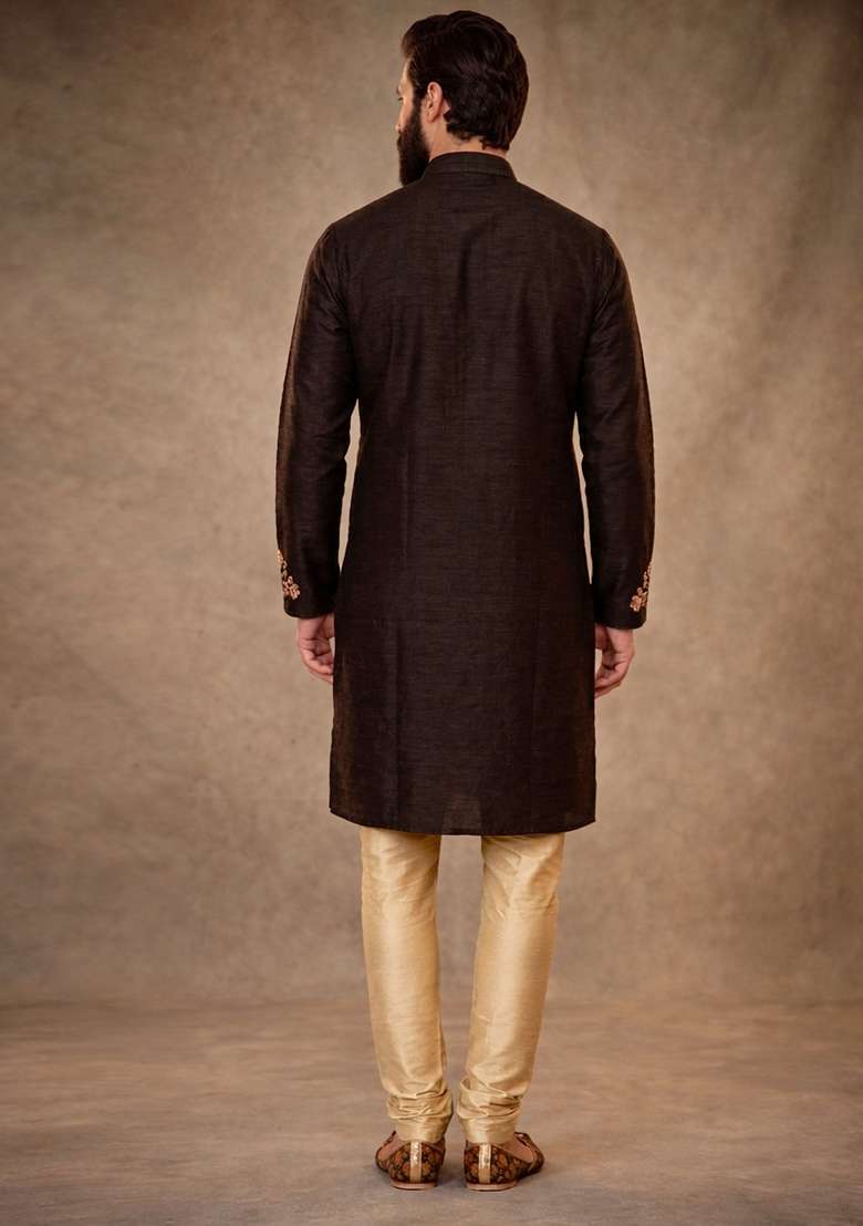Black Embroidered Dupion Kurta Pyjama Set For Men - Indya