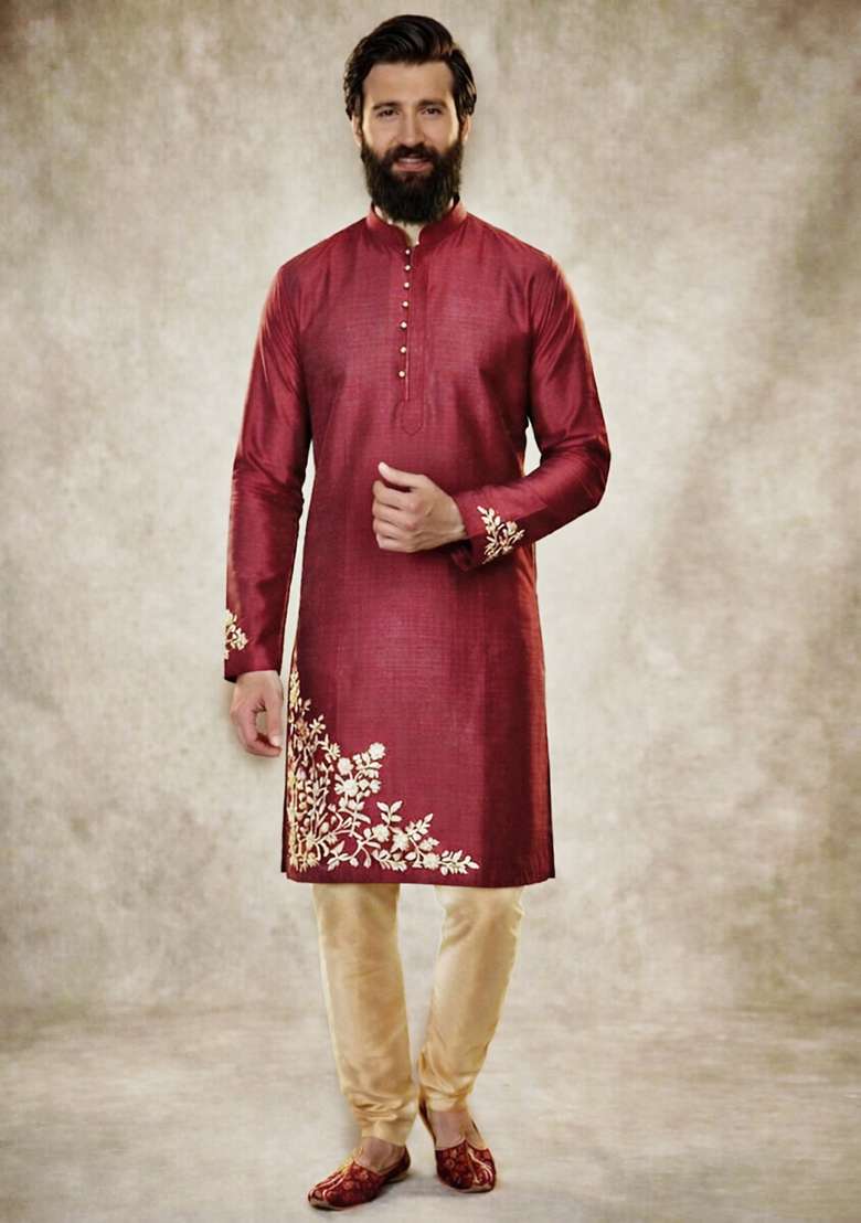 Maroon Embroidered Dupion Kurta Pyjama Set For Men - Indya