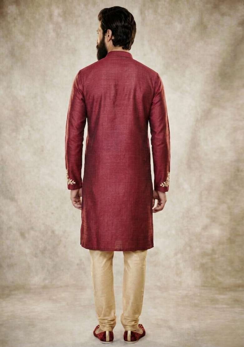 Maroon Embroidered Dupion Kurta Pyjama Set For Men - Indya