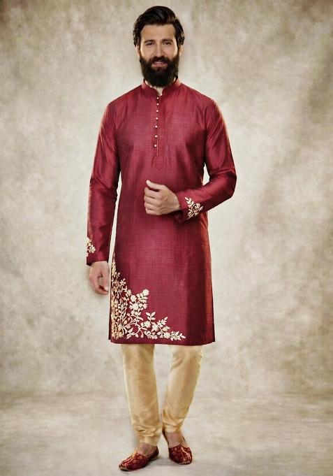 Maroon Embroidered Dupion Kurta Pyjama Set For Men