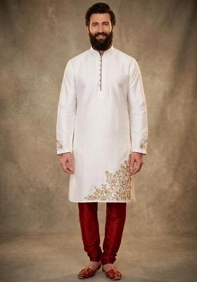 White Embroidered Dupion Kurta Pyjama Set For Men