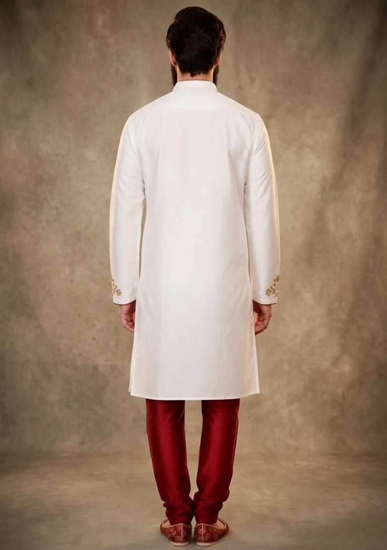 White Embroidered Dupion Kurta Pyjama Set For Men - Indya