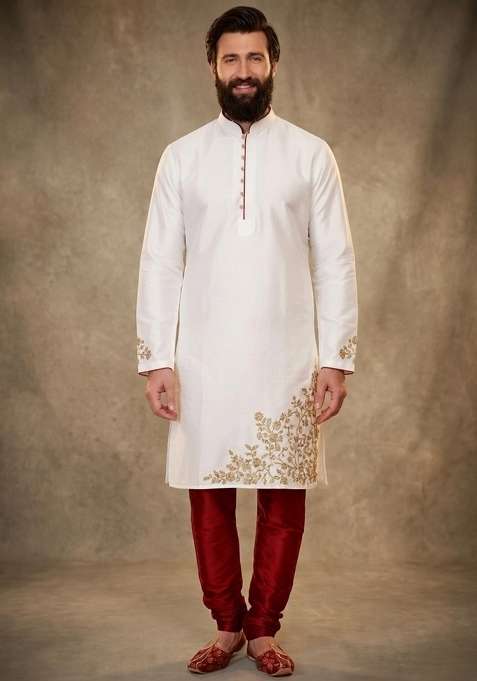 White Embroidered Dupion Kurta Pyjama Set For Men