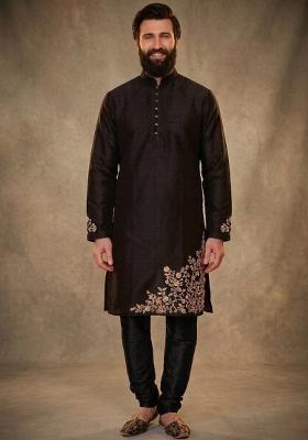 Black Embroidered Dupion Kurta Pyjama Set For Men