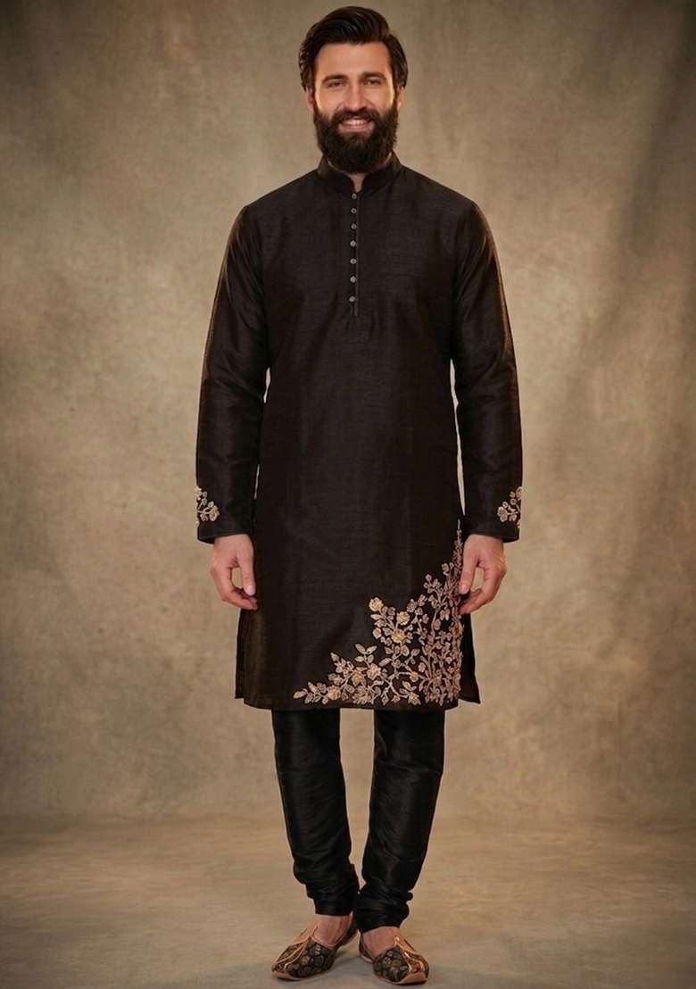 Black Embroidered Dupion Kurta Pyjama Set For Men - Indya