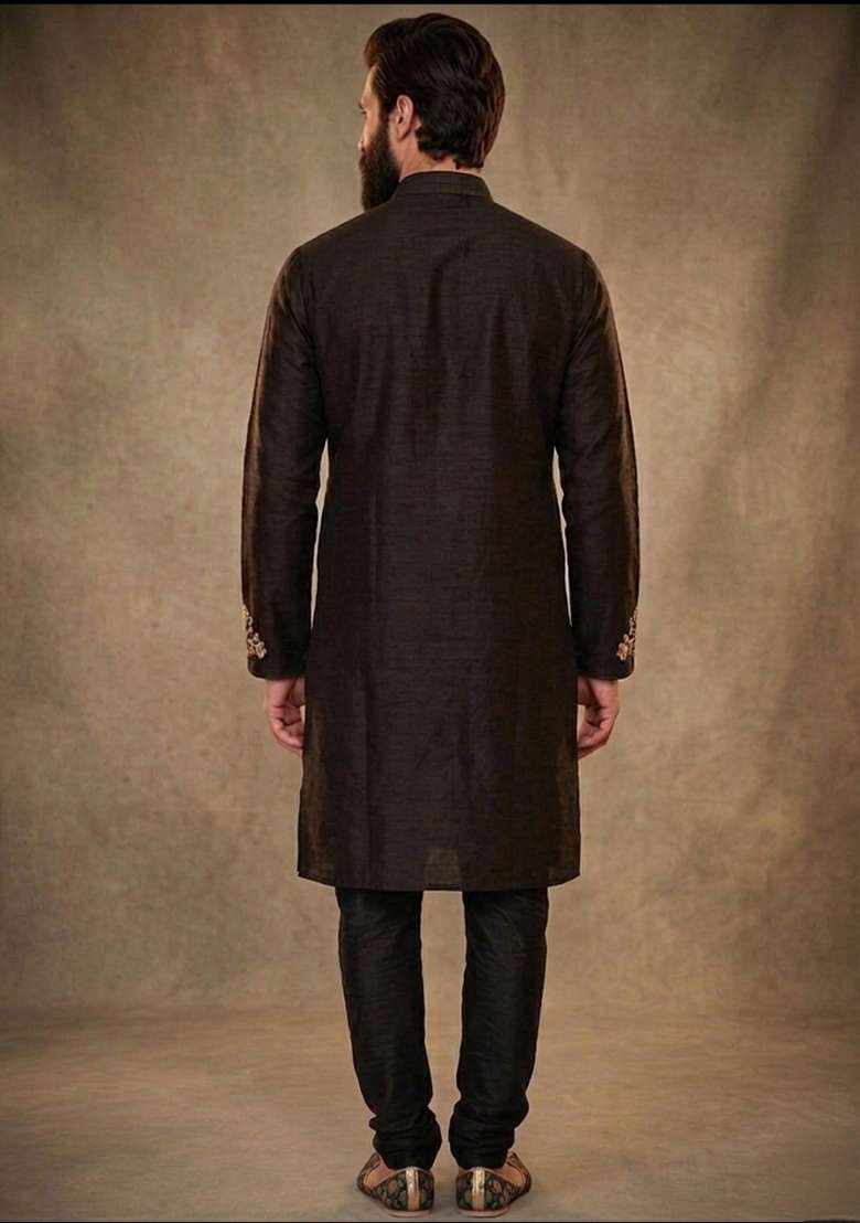 Black Embroidered Dupion Kurta Pyjama Set For Men - Indya