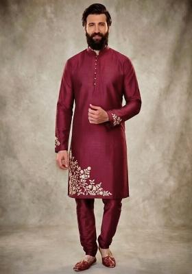 Maroon Embroidered Dupion Kurta Pyjama Set For Men