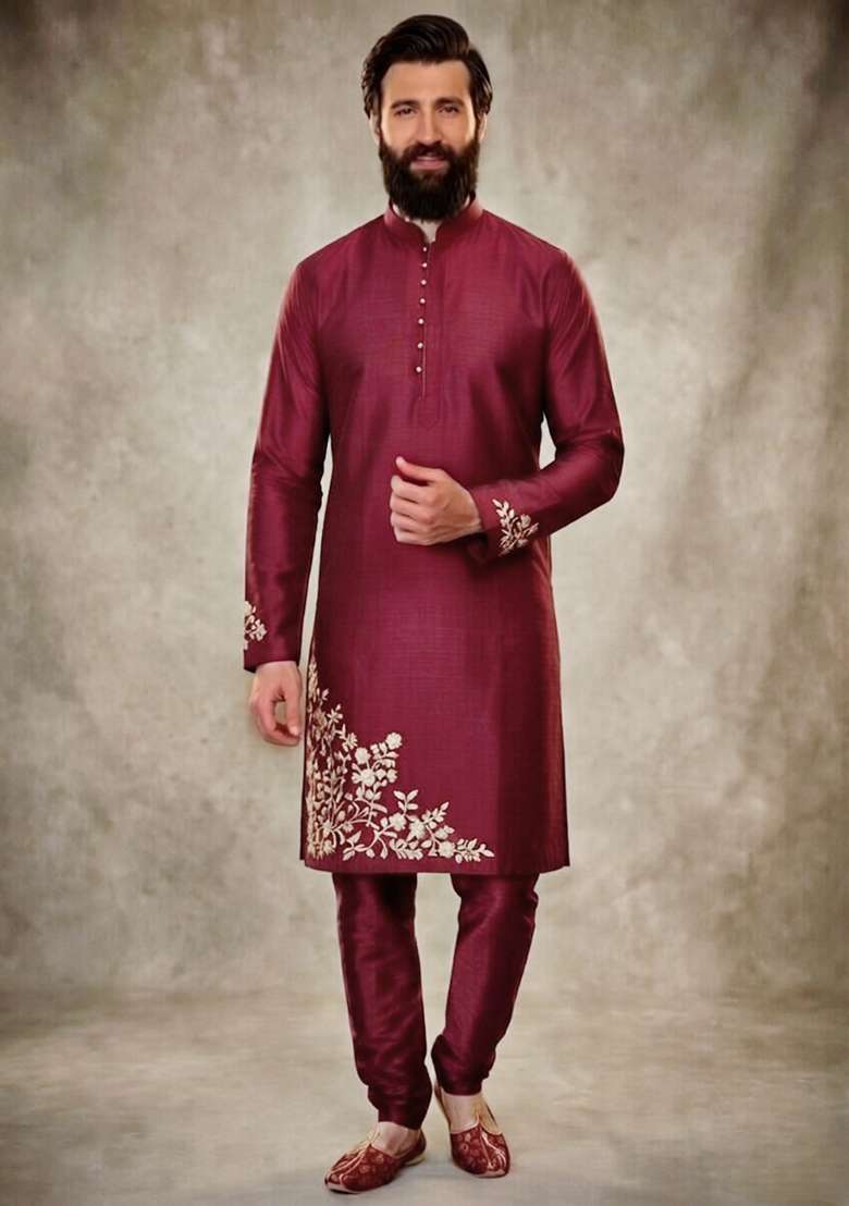 Maroon Embroidered Dupion Kurta Pyjama Set For Men - Indya
