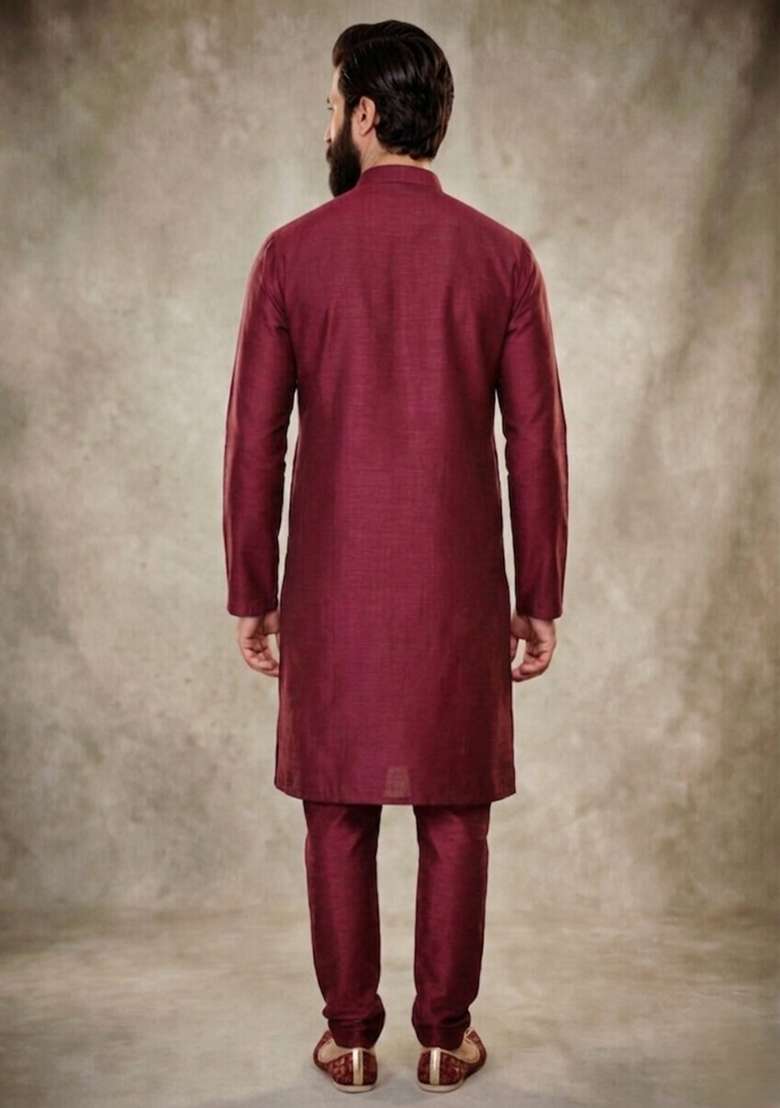 Maroon Embroidered Dupion Kurta Pyjama Set For Men - Indya