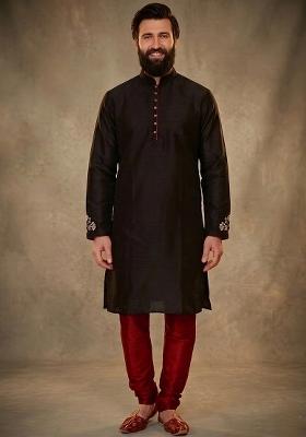 Black Embroidered Dupion Kurta Pyjama Set For Men