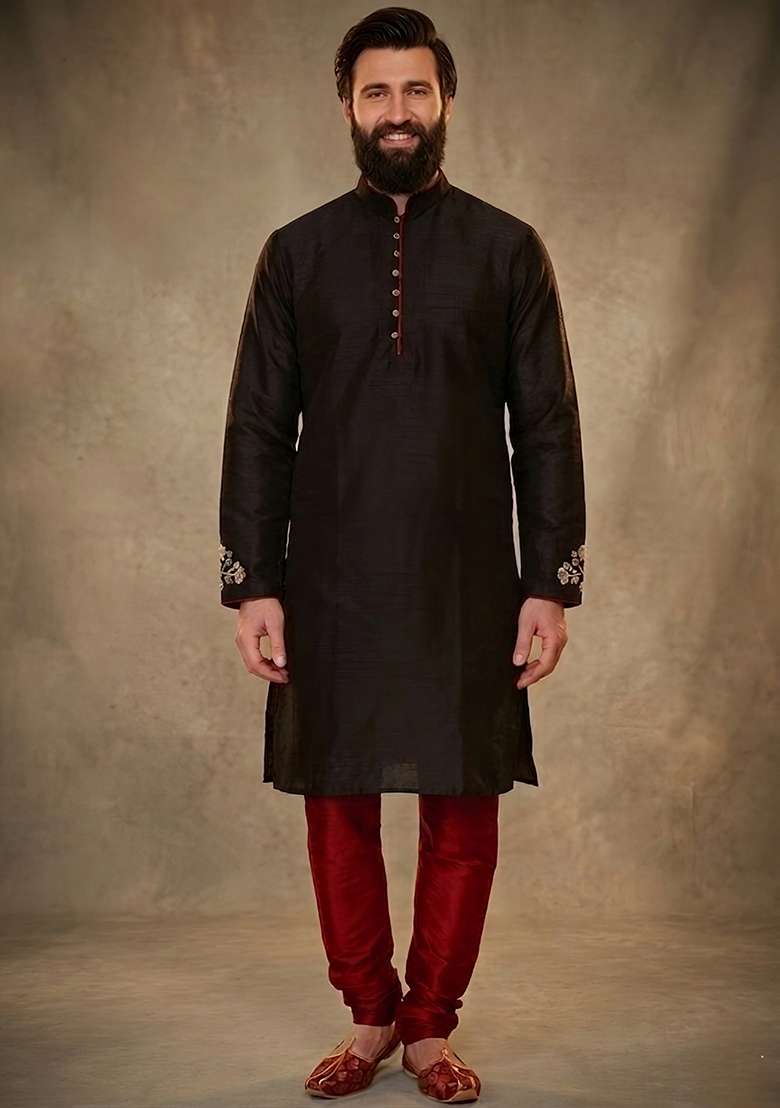 Black Embroidered Dupion Kurta Pyjama Set For Men - Indya