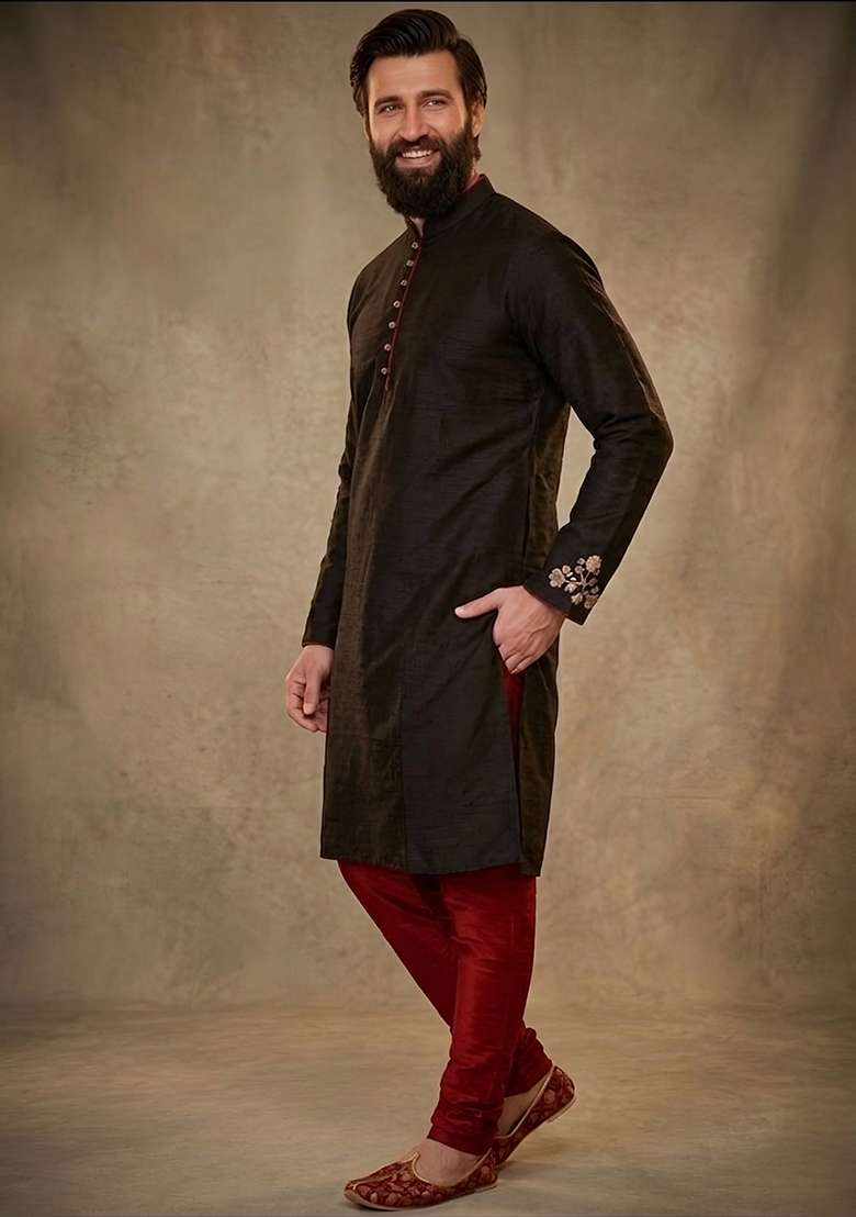 Black Embroidered Dupion Kurta Pyjama Set For Men - Indya