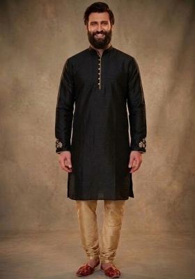 Black Embroidered Dupion Kurta Pyjama Set For Men