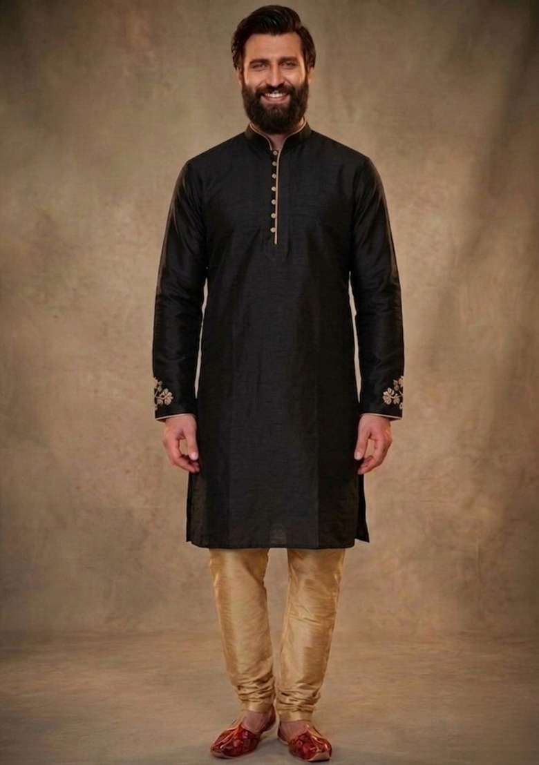 Black Embroidered Dupion Kurta Pyjama Set For Men - Indya