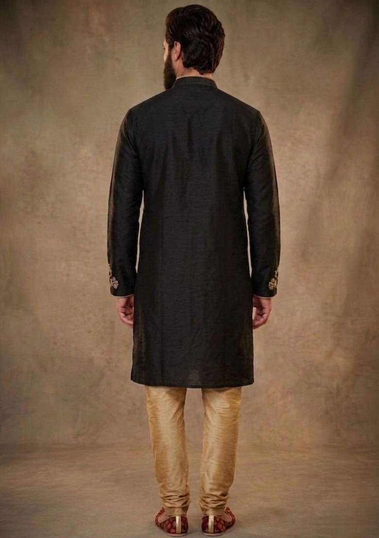 Black Embroidered Dupion Kurta Pyjama Set For Men - Indya
