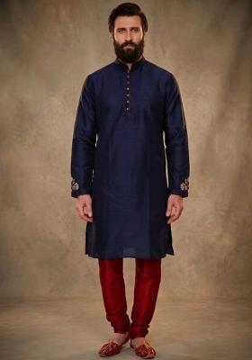 Blue Embroidered Dupion Kurta Pyjama Set For Men