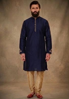 Blue Embroidered Dupion Kurta Pyjama Set For Men