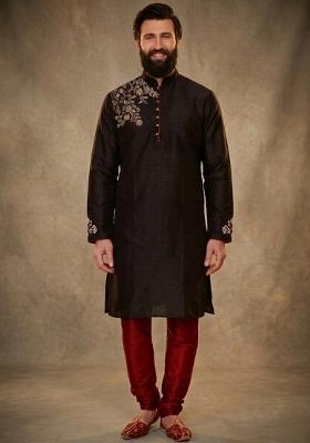 Black Embroidered Dupion Kurta Pyjama Set For Men