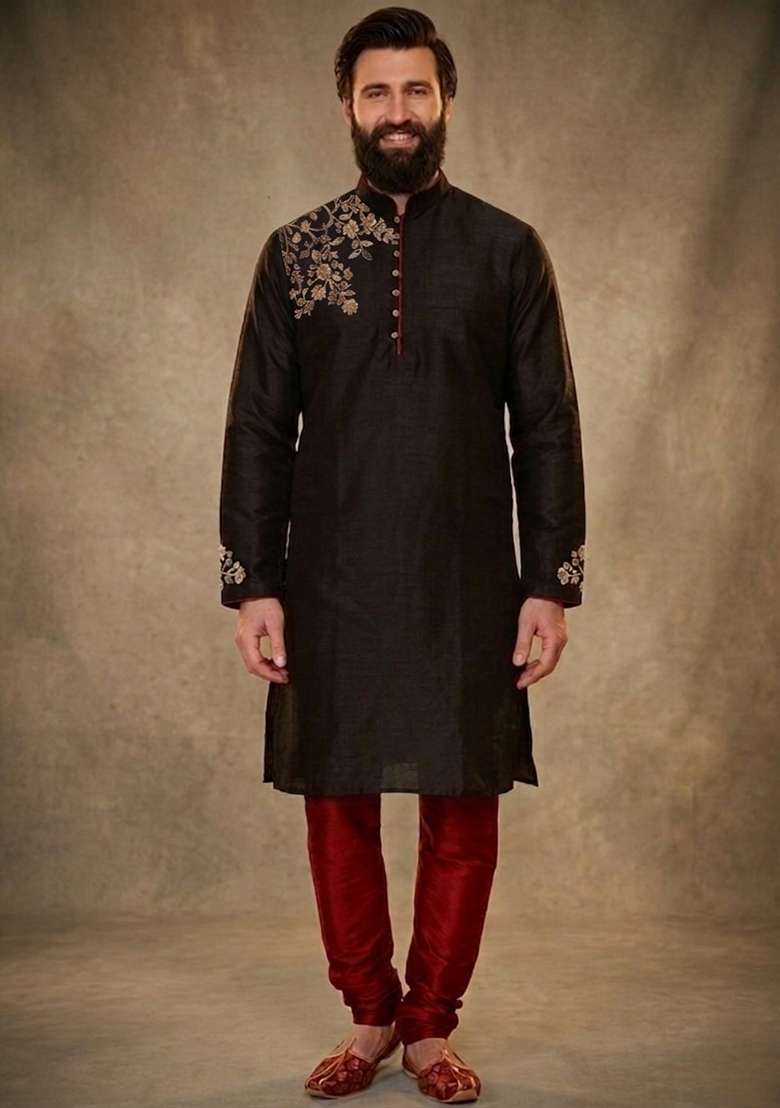 Black Embroidered Dupion Kurta Pyjama Set For Men - Indya