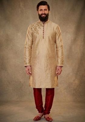 Beige Embroidered Dupion Kurta Pyjama Set For Men